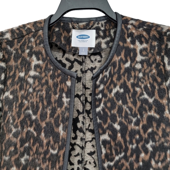 Old Navy Faux Fur Animal Print Faux Leather Trim Open Coatigan Size Small Womens - Picture 3 of 10